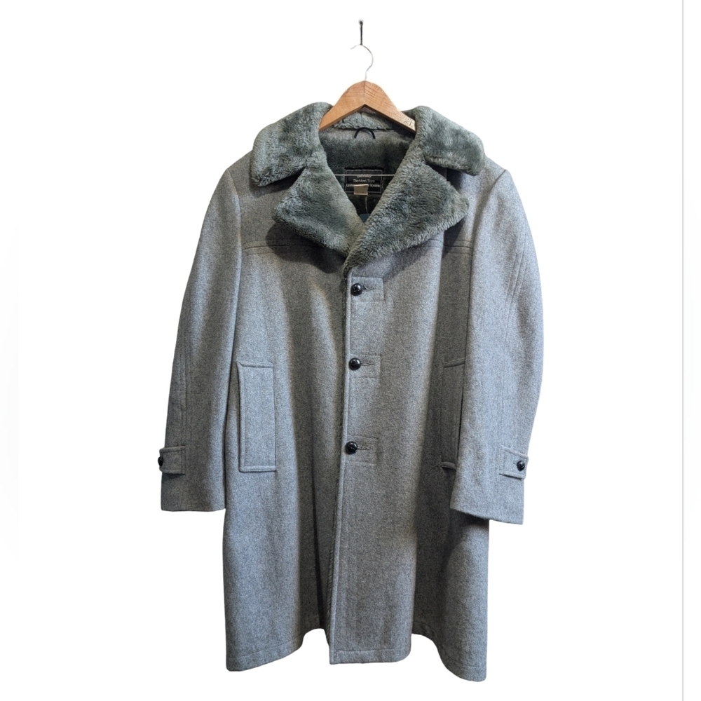 Vintage Men's Grey Wool Coat With Faux Fur Trim By Sears - Size L/XL